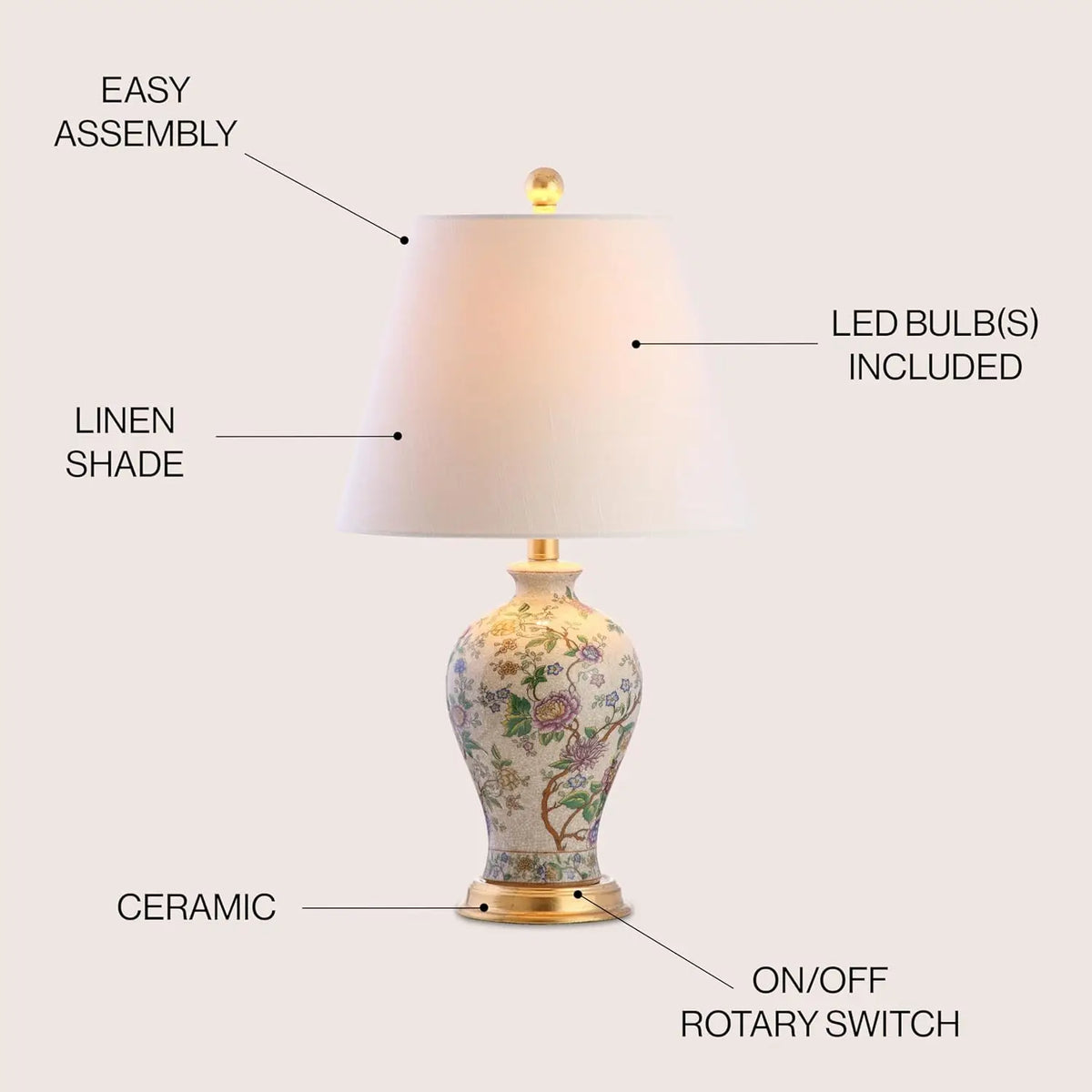 Elegant 24" Multicolor Table Lamp with Ceramic Floral Design & Gold Base - Home Decor Accent