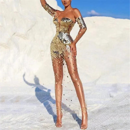 Long Sleeve Bare Shoulder Glitter Sequined Dress See Through Mesh Spliced Bodycon Party Cocktail Evening Dress for Women