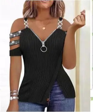 Blusas Para Mujer Print Zip Detail Split Hem Shoulder Top Women Short Sleeve Spring Summer T Shirt Tops Blouse Women Clothing