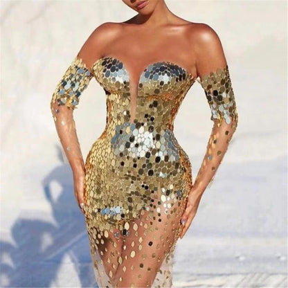 Long Sleeve Bare Shoulder Glitter Sequined Dress See Through Mesh Spliced Bodycon Party Cocktail Evening Dress for Women