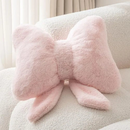 Pink Bow Throw Pillow – Faux Rabbit Fur Bow Cushion for Coquette Aesthetic Bedroom & Sofa Decor
