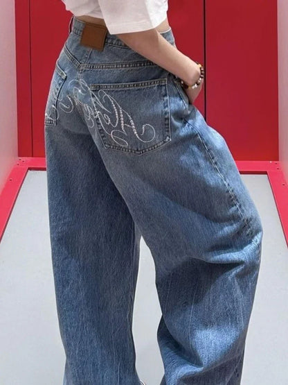 HOUZHOU Baggy Blue Jeans Women Vintage Y2k Letter Rhinestone Straight Denim Trousers Streetwear High Waist Wide Leg Jeans Chic