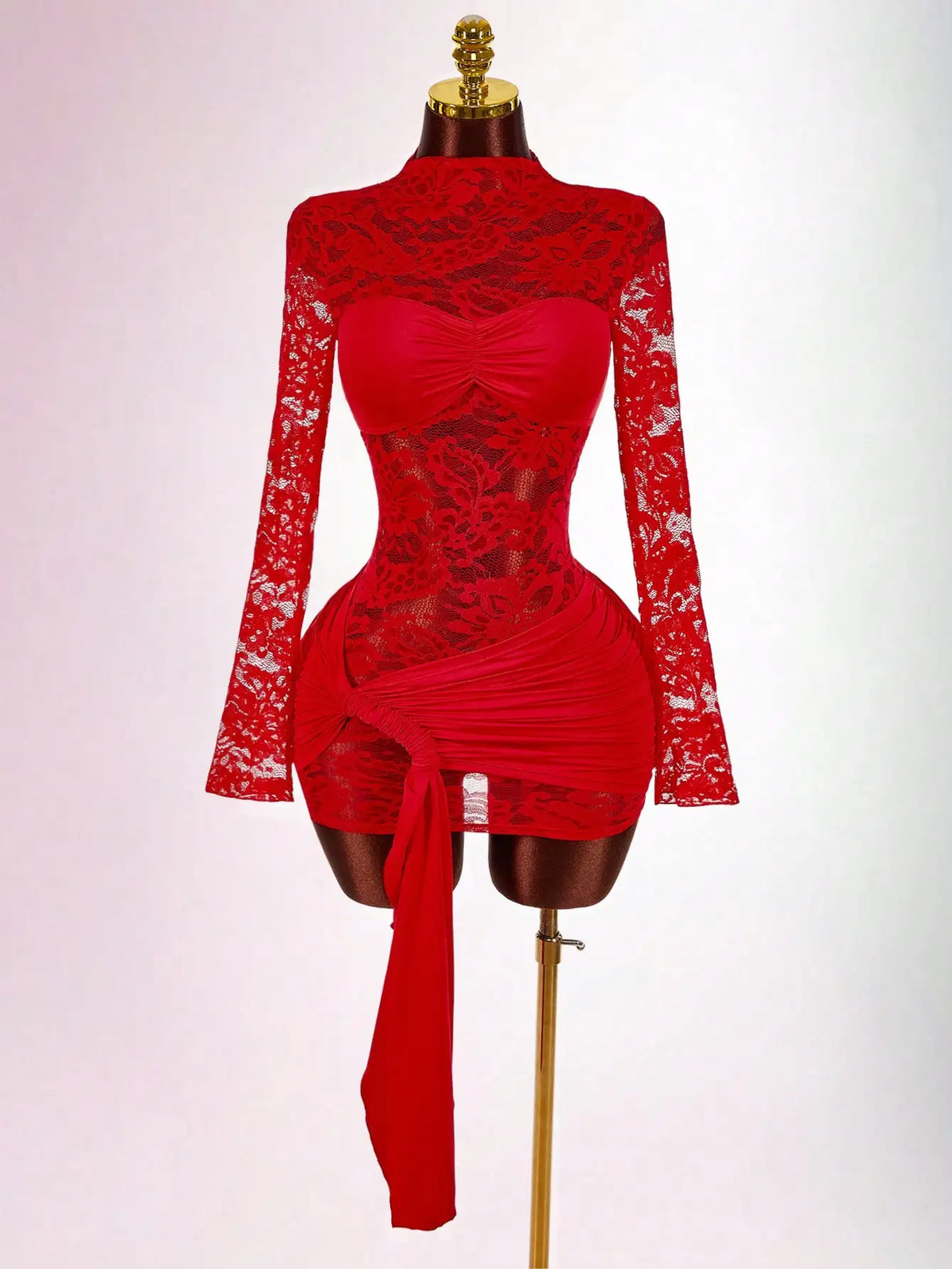 Red Lace Bodycon Mini Dress with Long Sleeves, Ruched Bust & Drawstring Hem for Party Night Club