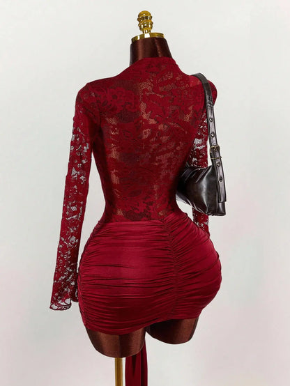 Red Lace Bodycon Mini Dress with Long Sleeves, Ruched Bust & Drawstring Hem for Party Night Club