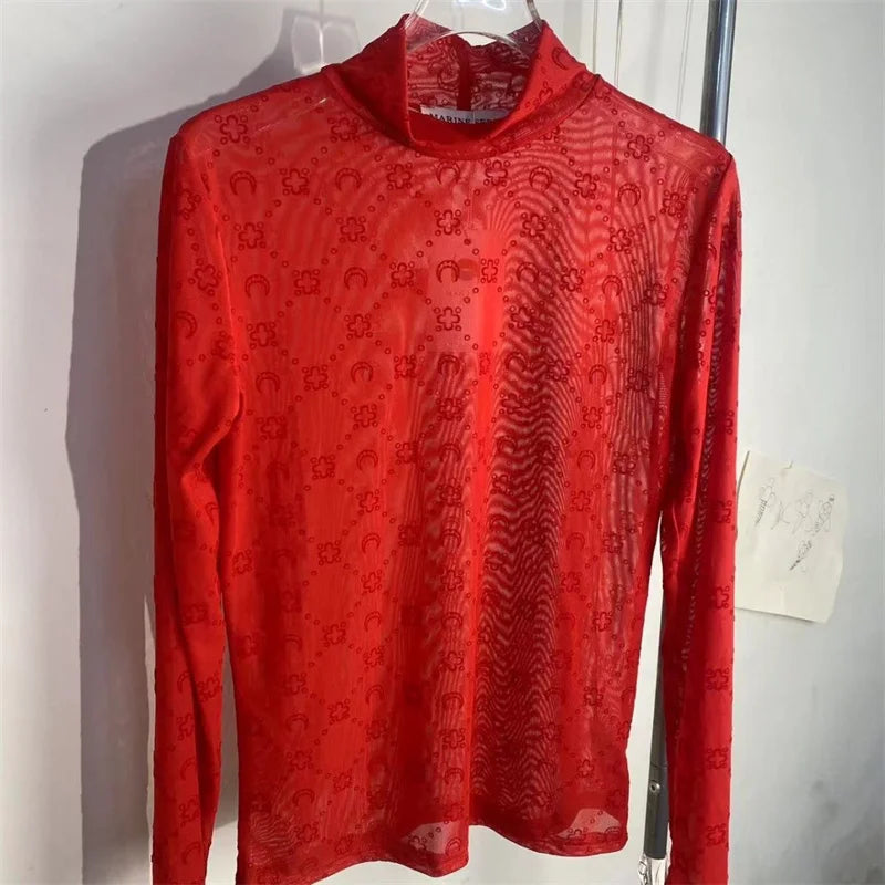 See Through Brand Women Tops Tulle Mesh Versatile Long Sleeve Moon Flocked Shirt Casual Thin  Blouses Y2k Sexy Sheer Blusas 959P