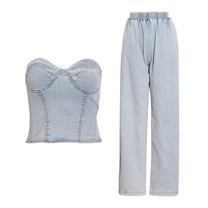2 Piece Set Women Denim Ensemble Strapless Top Sleeveless Backless Zipper Elastic Waist Jeans Suit Streetwear 2025 Sexy Outfits