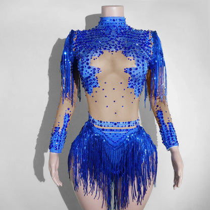 NEW womens bodysuit Sexy Leopard sequin tassels High Collar Bodycon team performance pole dance drag queen outfit singer stage