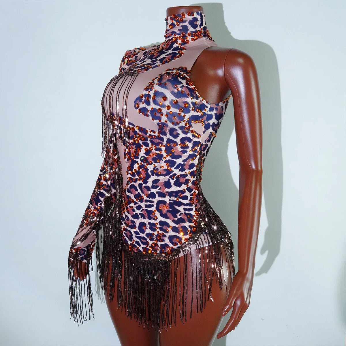 NEW womens bodysuit Sexy Leopard sequin tassels High Collar Bodycon team performance pole dance drag queen outfit singer stage