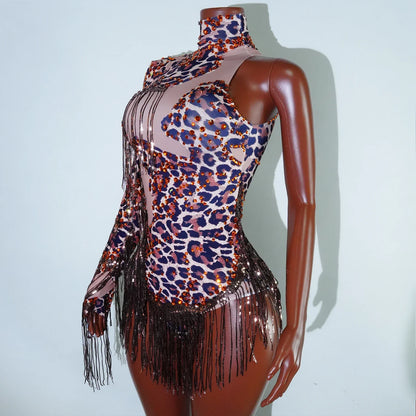 NEW womens bodysuit Sexy Leopard sequin tassels High Collar Bodycon team performance pole dance drag queen outfit singer stage