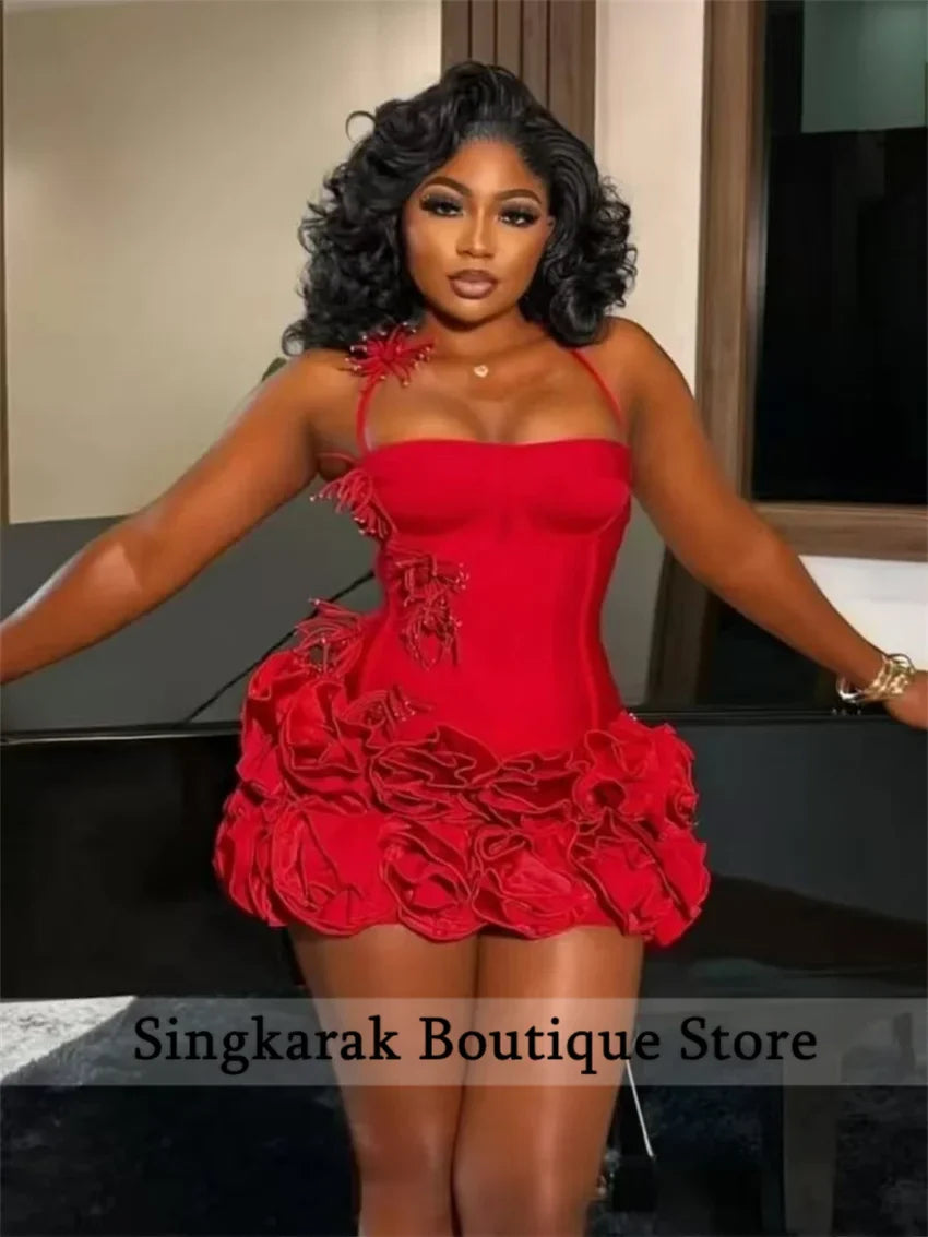 Red Birthday Dresses Baddie Black Girl Halter Neck Mini Prom Dresses Sweertheart Ruffles Wedding Party Dress Customized