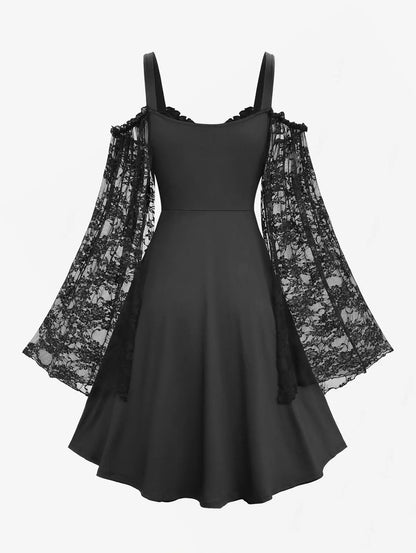 ROSEGAL Plus Size Women’s Gothic Dresses Ruched Heart Buckle Ruffles Cold Shoulder Floral Lace Flare Sleeves Ladies Dress Black