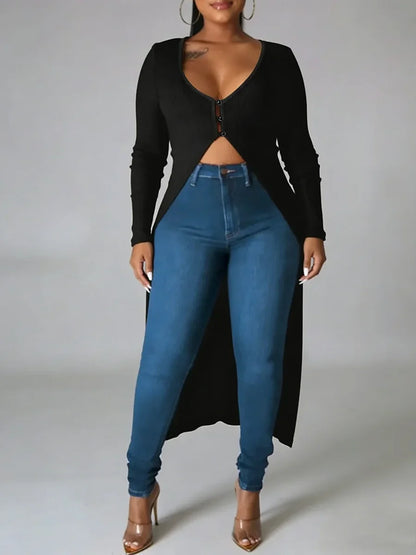 Plus Size Women's T-Shirt V Neck Long Sleeve Buttoned Ribbed Long Tops Sexy Shirt Spring Summer Chic T-Shirt Party Stretchy Tops