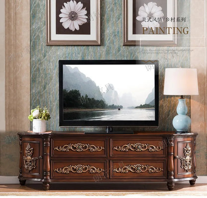 Traditional Birch Wood Media Console with 4 Drawers & Cabinets - Stylish Storage Solution