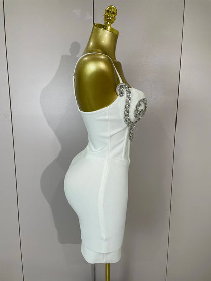 Sexy White Spaghetti Strap V Neck Crystal Sleeveless Bandage Dress Women Elegant Evening Party Cocktail Luxury Birthday Gowns