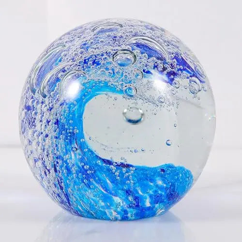 Hand-Blown Glass Paperweight - Unique Ocean Wave Design in Green & Sky Blue, 8cm Decor