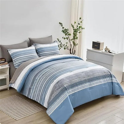 7-Piece Light Blue & White Striped Microfiber Queen Bedding Set