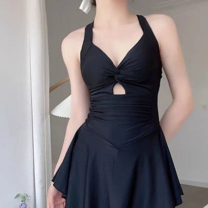 Sexy Halter Neck One Piece Swimsuit Women Elegant Modest Tummy Control Push Up Slimming Beachwear for Hot Spring Vacation