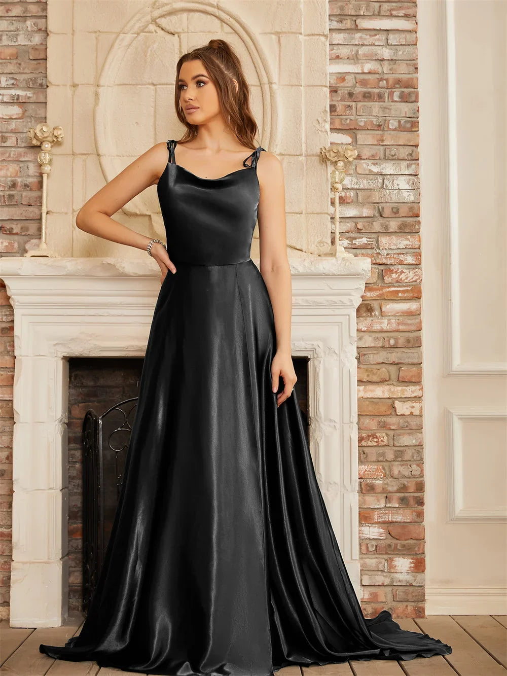MisShow Satin Cowl Neck Tie Straps Maxi Women Summer Dresses Sexy High Slit Bridesmaid Evening Prom Party Dress for Night out