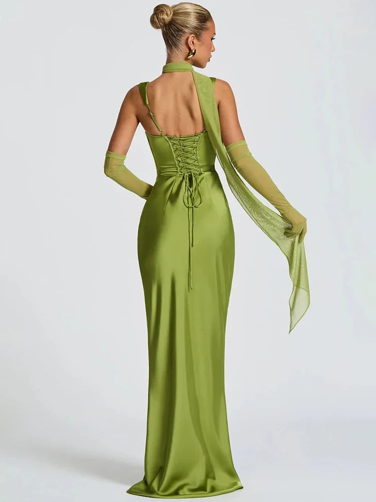 Mozision Satin Backless Sexy Maxi Dress Women Elegant Halter Off-shoulder Sleeveless Lace-up Bodycon Club Party Long Dresses