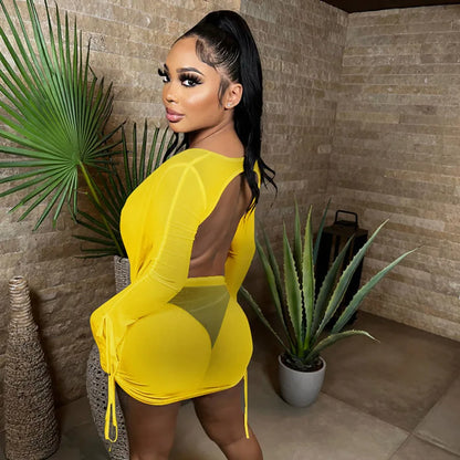 Sexy Mesh Deep V Elastic Dress Halter Elegant Chic Vintage Mini Dresses Long Sleeve Party Club See Through Bodycon Women's Night