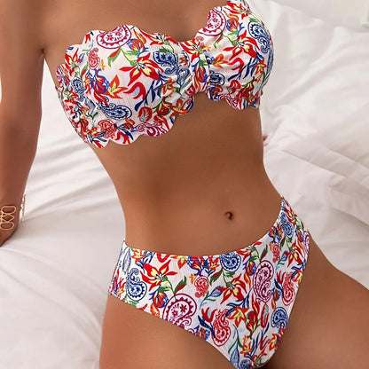 Sexy Flowers Printed Ruffled Frilled Bikini Women Swimwear Female Swimsuit Two-pieces Bikini Set Bather Bathing Suit Swim