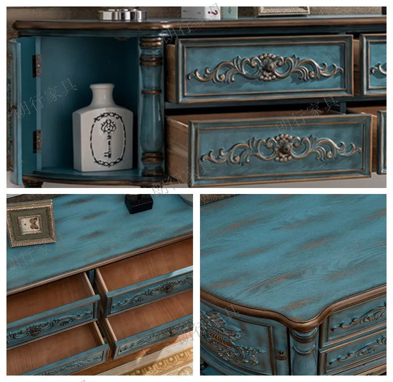 Traditional Birch Wood Media Console with 4 Drawers & Cabinets - Stylish Storage Solution
