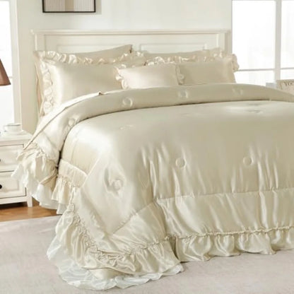 Beige Satin Ruffle Comforter Set – Luxury Silky 8-Piece Bedding