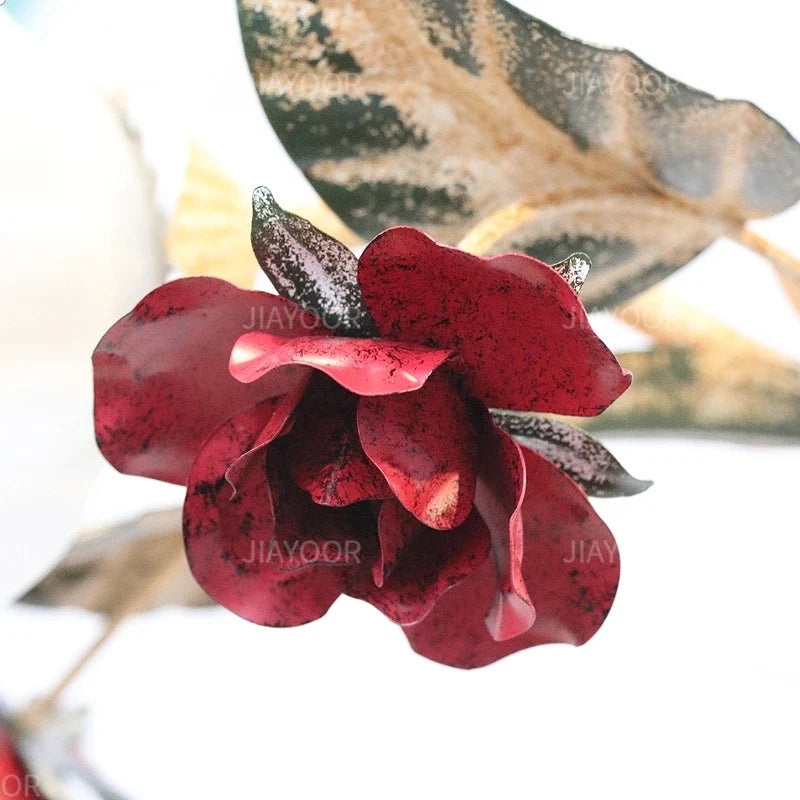 Floral Chandelier with Red Rose Accents, Golden Vines & LED Lights - 4/6/9 Heads