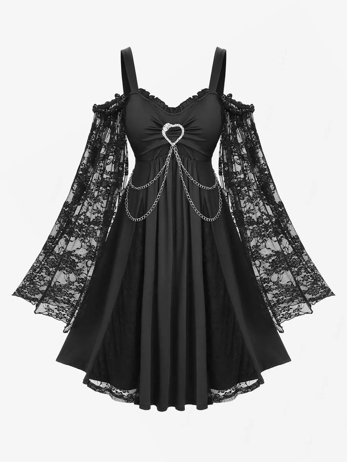 ROSEGAL Plus Size Women’s Gothic Dresses Ruched Heart Buckle Ruffles Cold Shoulder Floral Lace Flare Sleeves Ladies Dress Black