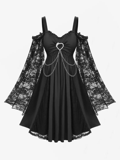 ROSEGAL Plus Size Women’s Gothic Dresses Ruched Heart Buckle Ruffles Cold Shoulder Floral Lace Flare Sleeves Ladies Dress Black