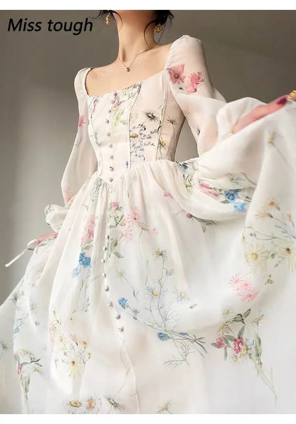 Summer Floral Print Dress Women Sexy French Style Vintage Party Midi Dresses Casual Korean Fashion Elegant Retro Dress 2024 New