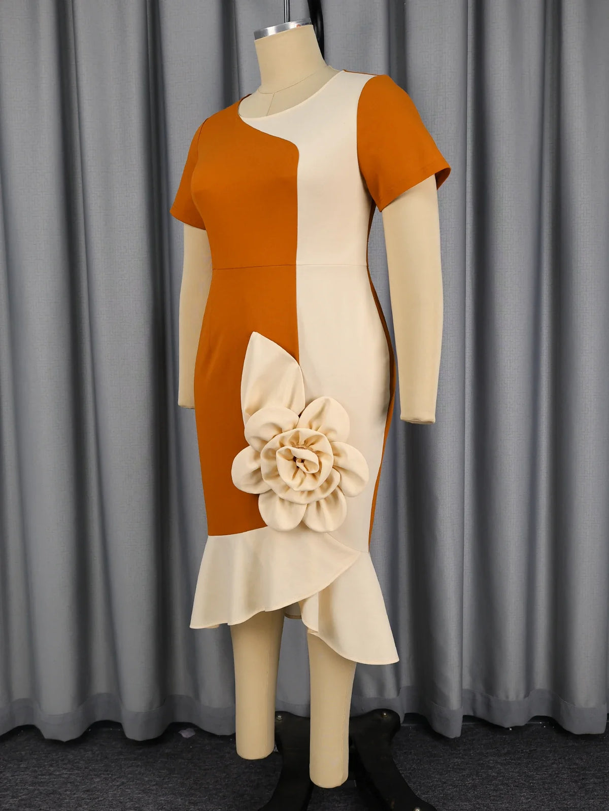 Elegant Women Colorblock Bodycon Dresses O Neck Short Sleeves Big 3D Flowers Mermaid Party Church Office Ladies Work Waer New