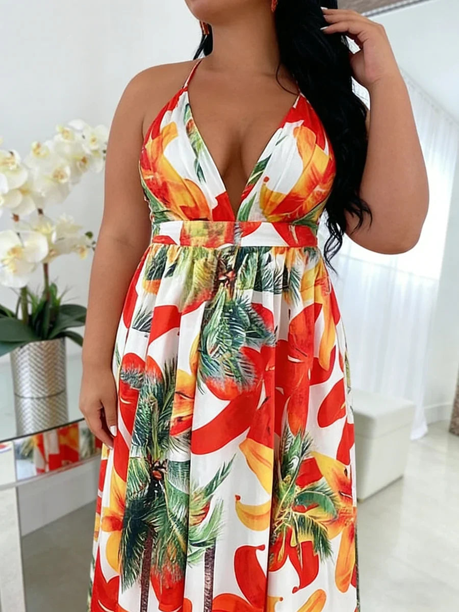 Plus Size Women's Dress Halter Neck Deep V Tropical Print High Waist Maxi Dress Boho Spring Summer Beach Vacation Light Dress