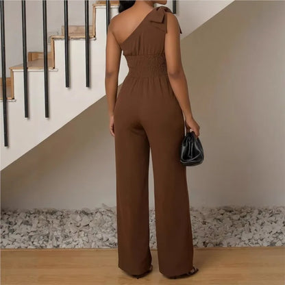Women Jumpsuits For Spring Summer Sleeveless One Shoulder Bow Loose Fashion Streetwear Overalls Solid Wide Leg Pants Trousers