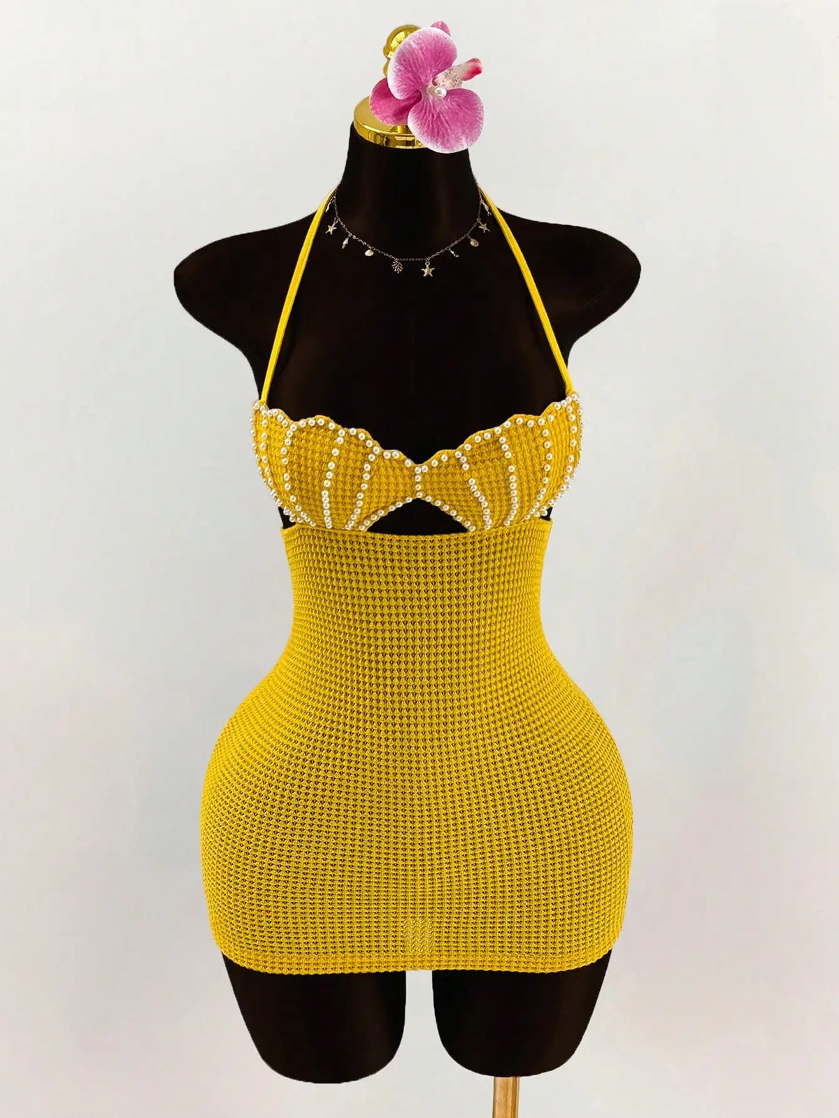 Pearl Shell Halter Backless Mini Bodycon Dress Crochet Bikini Dress