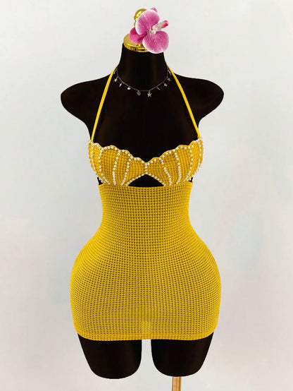 Pearl Shell Halter Backless Mini Bodycon Dress Crochet Bikini Dress