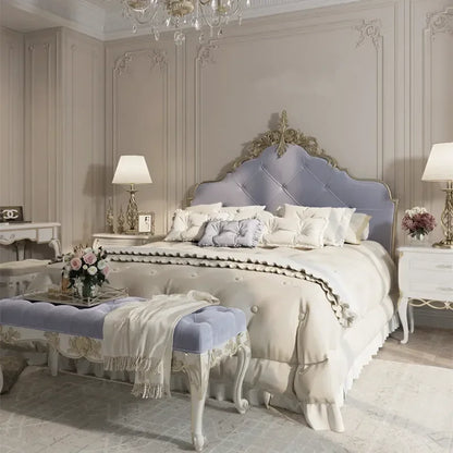Luxury Wood Bed Set with Vintage European Design & Elegant Gold Nightstands