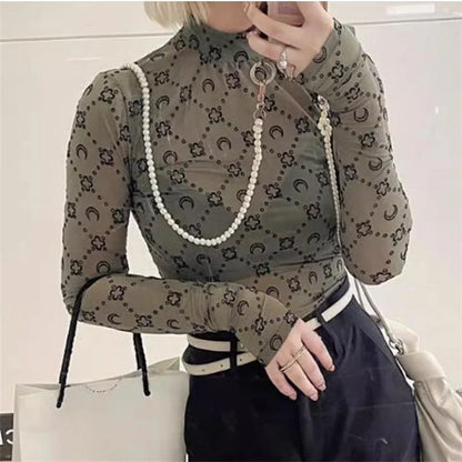 See Through Brand Women Tops Tulle Mesh Versatile Long Sleeve Moon Flocked Shirt Casual Thin  Blouses Y2k Sexy Sheer Blusas 959P