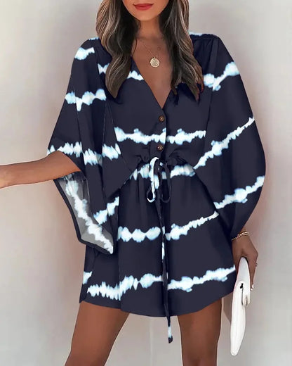 Women Print Dress Sexy V-Neck Bat Sleeve Ruffl Flowers Print Bohemian Beach Sundress Ladies Loose Summer Vacation Mini Dresses