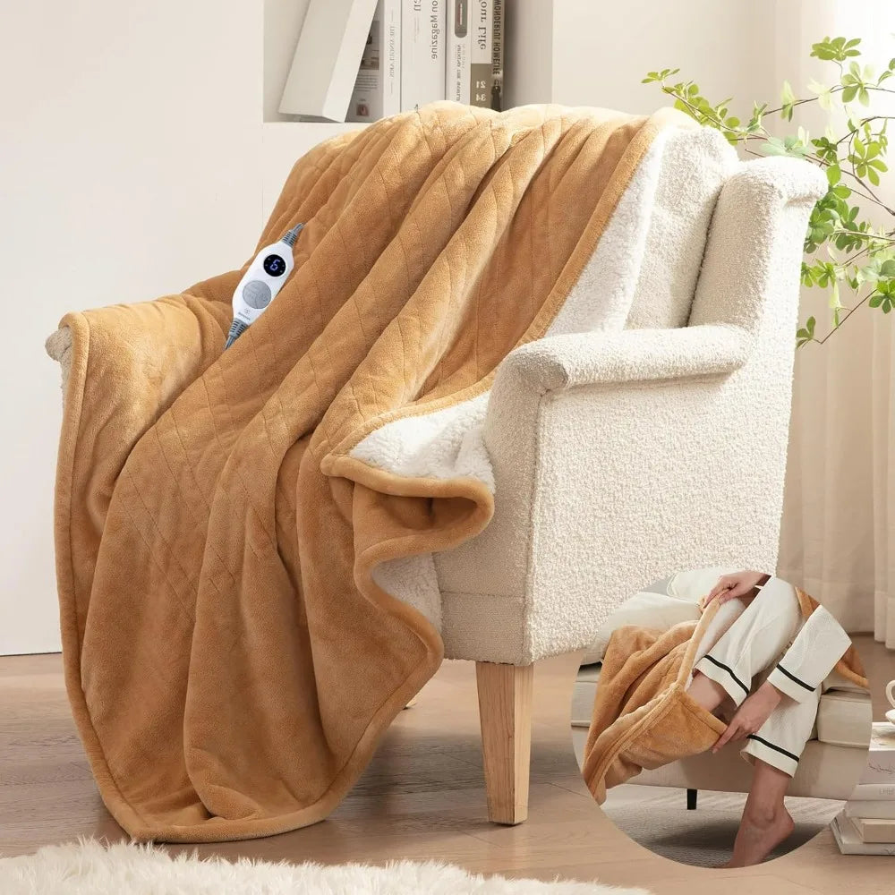 Cozy Flannel Sherpa Electric Blanket with 6 Heat Settings & Foot Pocket for Ultimate Comfort