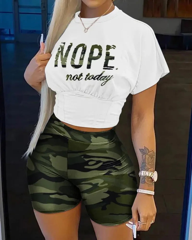 Casual O-neck Short Sleeve T-shirt Shorts Set Office Lady Summer Letter Print Tops Solid Shorts Two Piece Set Women Outfit 2024