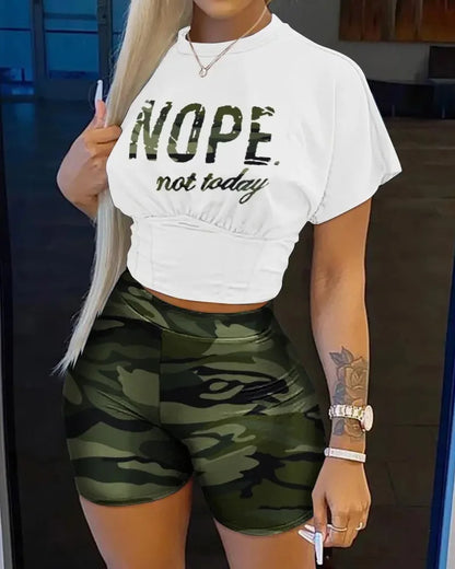 Casual O-neck Short Sleeve T-shirt Shorts Set Office Lady Summer Letter Print Tops Solid Shorts Two Piece Set Women Outfit 2024