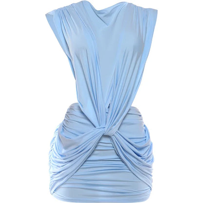 Sisterlinda Cross Ruched Dress Women Sexy Deep V-Neck Sleeveless Backless Hollow Patchwork Peach Hip Stretch Slim Party Bodycon