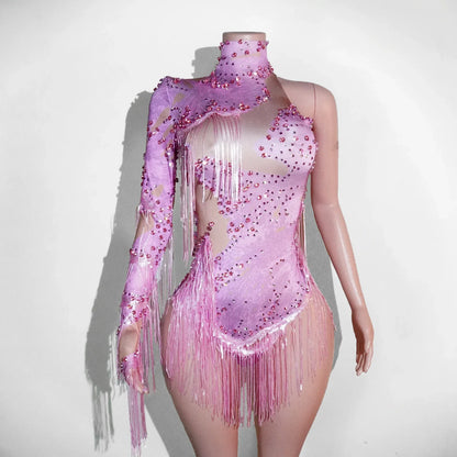 NEW womens bodysuit Sexy Leopard sequin tassels High Collar Bodycon team performance pole dance drag queen outfit singer stage