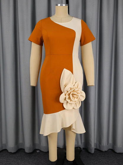 Elegant Women Colorblock Bodycon Dresses O Neck Short Sleeves Big 3D Flowers Mermaid Party Church Office Ladies Work Waer New