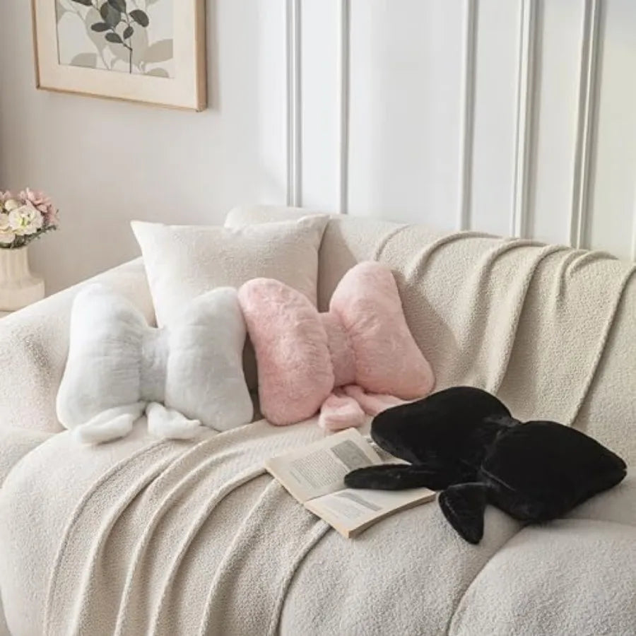 Pink Bow Throw Pillow – Faux Rabbit Fur Bow Cushion for Coquette Aesthetic Bedroom & Sofa Decor