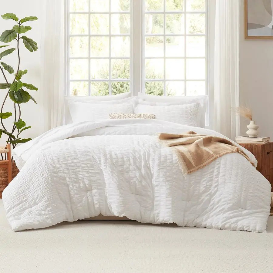 7-Piece Winter White Queen Bedding Set with Down Alternative Comforter, Soft Microfiber Sheets
