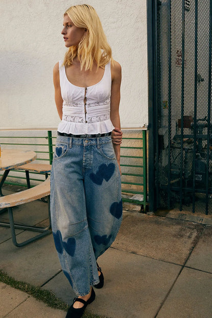 Boho Beach Blue Cotton Denim Jeans For Women Pants Casual loose Mid Waist Tube Shaped Women's Jeans Floral Printed Baggy Jeans