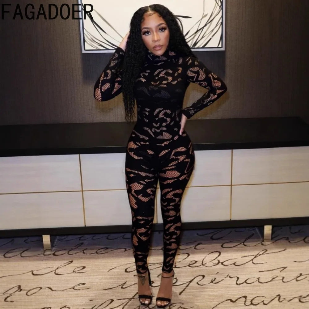FAGADOER Sexy Lace See Through Patchwork Bodycon Jumpsuits for Woman Hollow-out Long Sleeves Rompers Female Streetwear Overalls