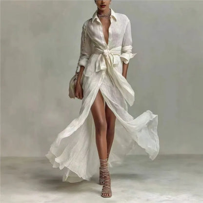 Bohemian Elegant Lace-up High Waist Long Dress Woman New Turn-down Collar Hollow Party Dress Spring Long Sleeve Maxi Dress